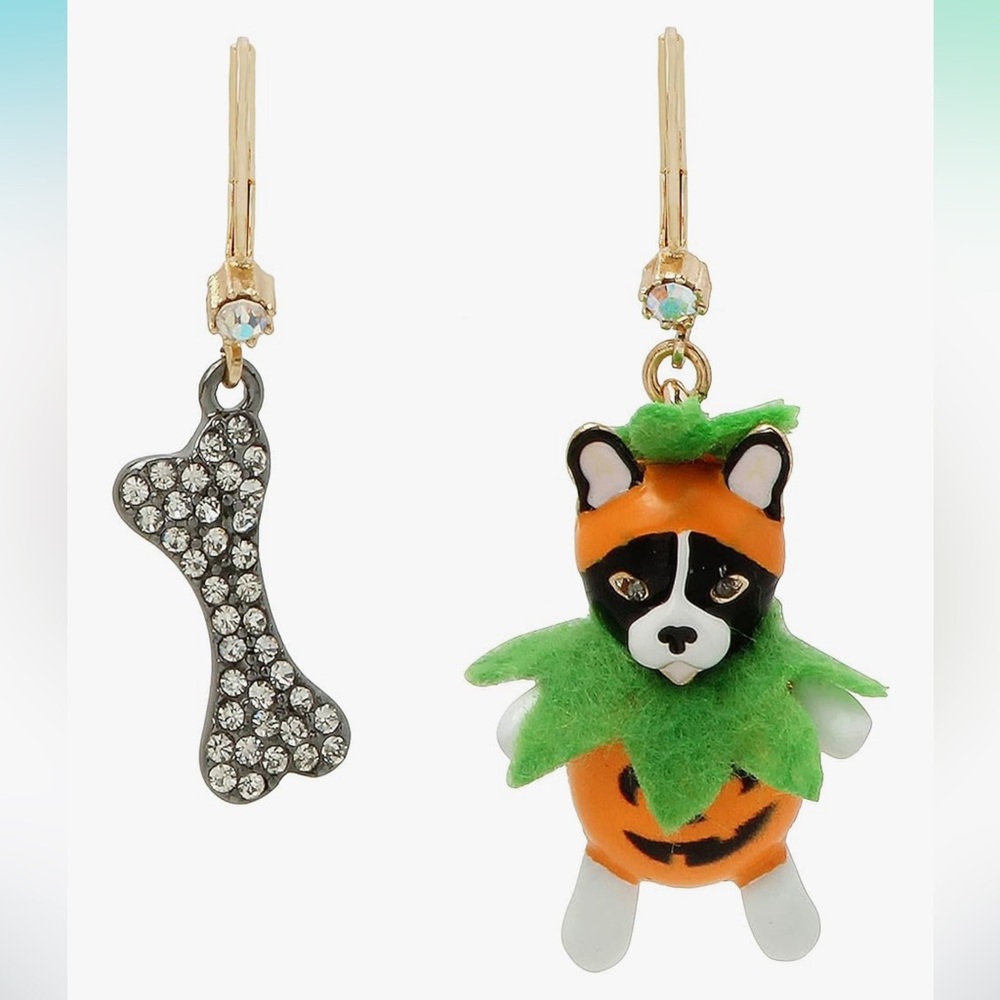 Betsey Johnson Halloween Pumpkin Dog Pave Bone Earrings Mismatched Set